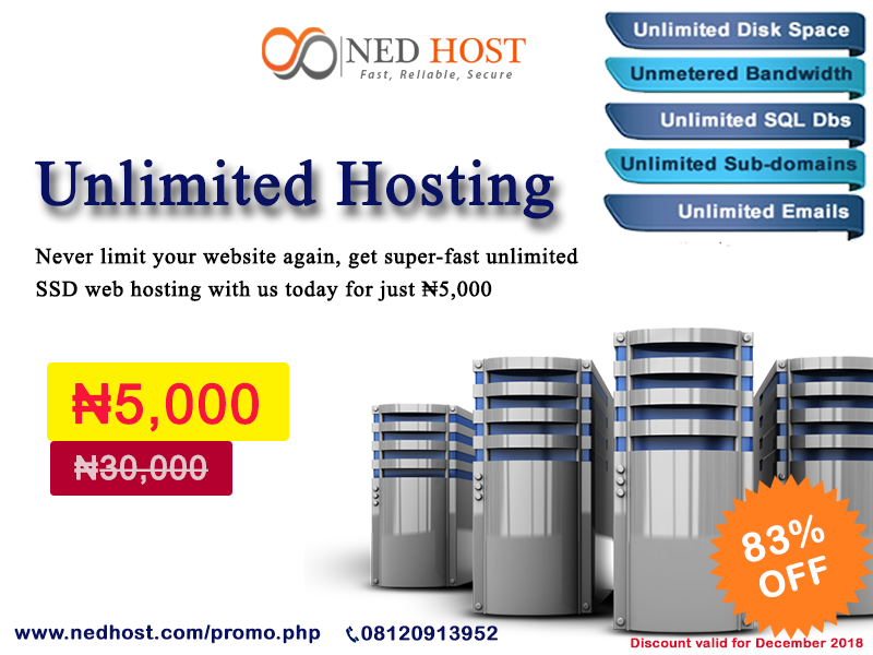 NedHost, Nigeria’s fastest & best in high performance web hosting company is launching an unlimited Web hosting Promo for old and new clients.  
As a company noted for unparalleled…